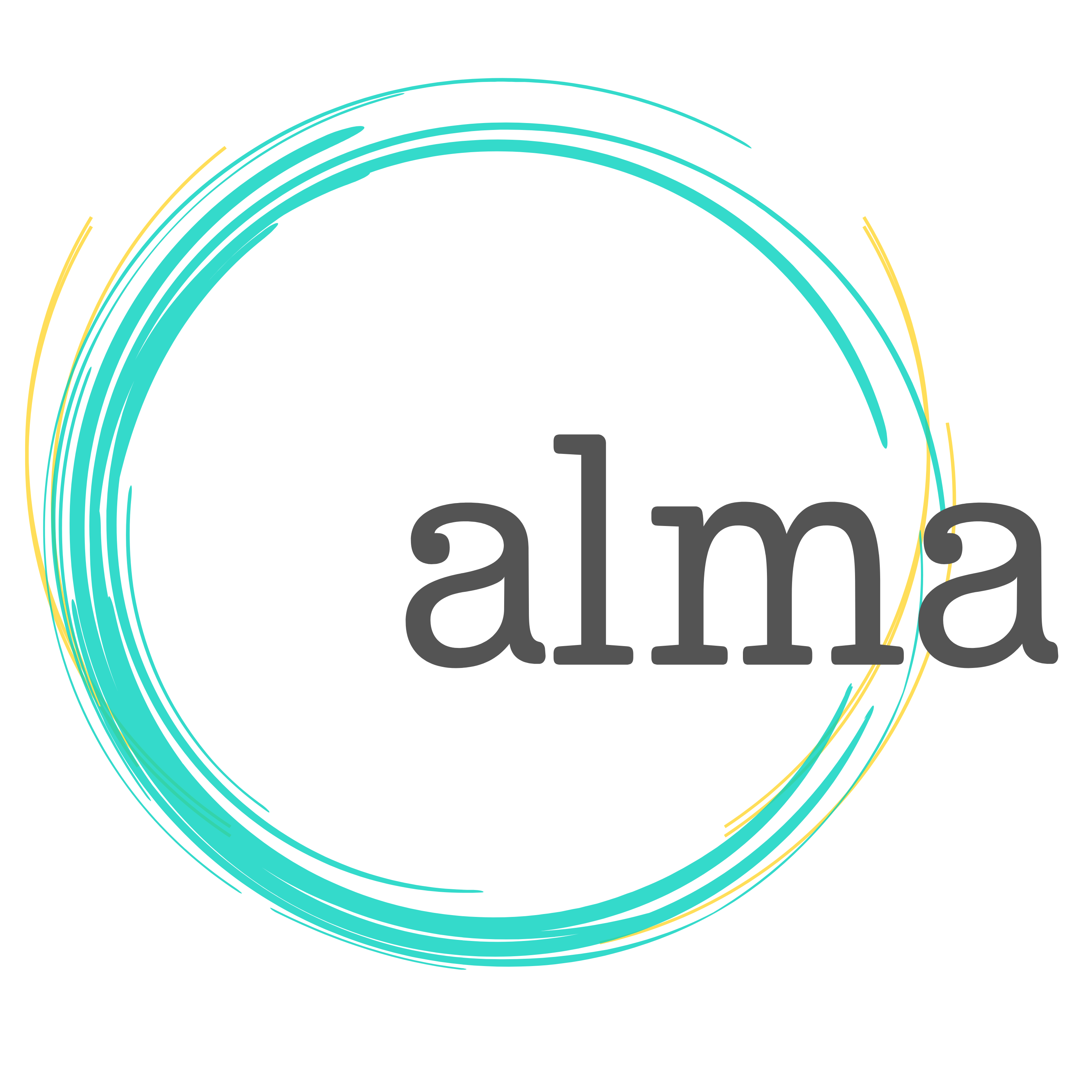 Alma Logo - blue-green circle with yellow circles in background. Says Alma.